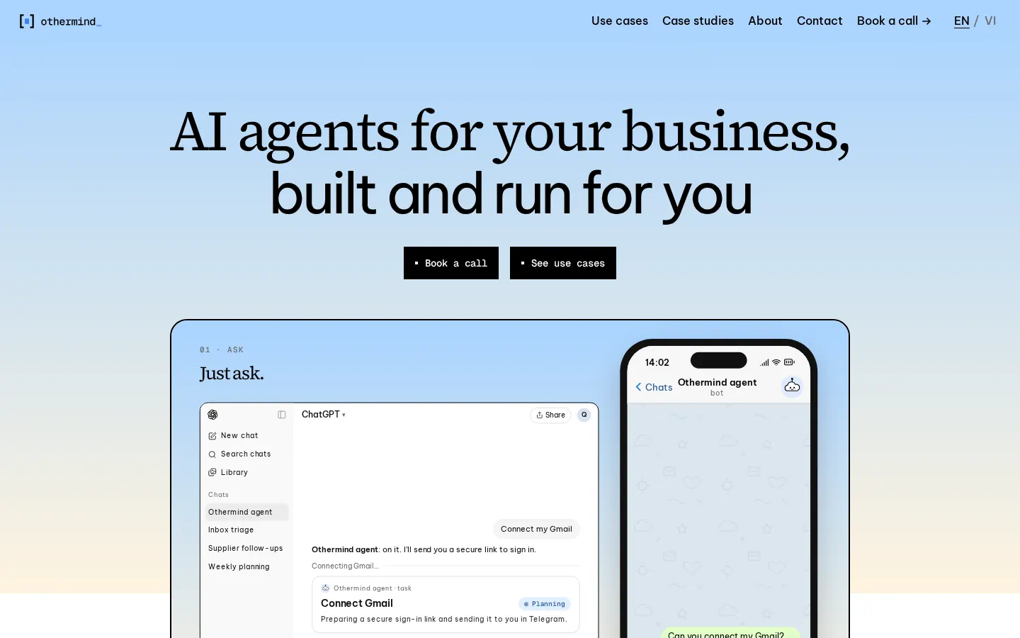The Othermind home page on desktop: the heading “AI agents for your business, built and run for you” on a sky-blue-to-sand gradient, Book a call and See use cases buttons, and a demo of the agent in a chat app and on a phone.