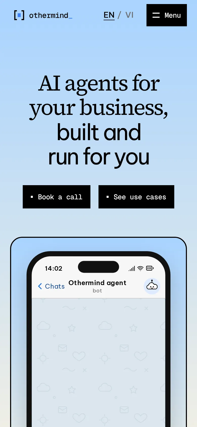 The Othermind site on a phone: the heading “AI agents for your business, built and run for you” on a sky-blue gradient, Book a call and See use cases buttons, and a chat with the Othermind agent.