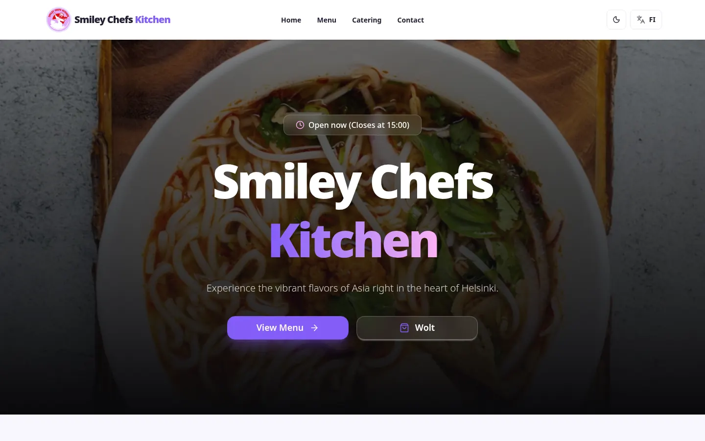 The Smiley Chefs Kitchen home page on desktop: a bowl of noodles behind the heading “Smiley Chefs Kitchen”, an opening-hours badge, and View Menu and Wolt buttons.